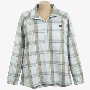 LL Bean 1/4 Zip Plaid Relaxed Top Sz M‎ Blue Pullover Outdoor Vented Long Sleeve